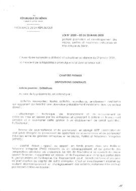 loi N° 2020-03 du 20 mars 2020 portant promotion et développement des micros, petites et moyennes entreprises en République du Bénin