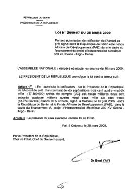 Loi N° 2009-07 portant autorisation de ratification de l&#039;Accord de prêt signé entre la Répub...