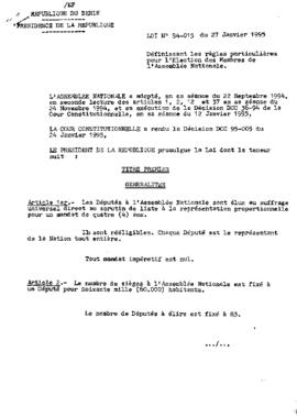 Loi N° 94-015 du 27 janvier 1995 définissant les règles particulières pour l&#039;élection des membres de l&#039;Assemblée Nationale