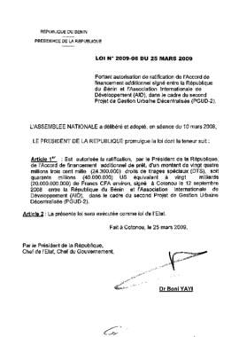 Loi N° 2009-06 portant autorisation de ratification de l&#039;Accord de financement additionnel signé entre la République du Bénin et l&#039;Association Internationale de Développement (AID), dans le cadre du second Projet de Gestion Urbaine Décentralisée (PGUD-2)
