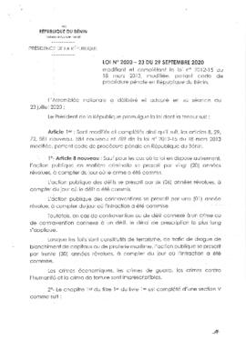 Loi N° 2020-23 du 29 septembre 2020 modifiant et complétant la loi n° 2012-15 du 18 mars 2013, modifiée, portant code de procédure pénale en République du Bénin.