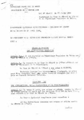 Loi N° 88-001 instituant la cour de sûreté de l&#039;état de la République Populaire du Bénin