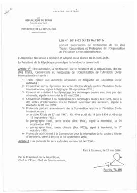 Loi N° 2016-03 du 25 mai 2016 portant autorisation de ratification de six (06) Traité, Convention...