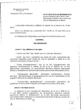 Loi N° 2013-09  portant détermination de la carte électorale et fixation des centres de vote en République du Bénin