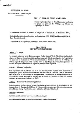 Loi N° 2004-23 du 25 mars 2005 portant régime juridique et fiscal harmonisé applicable au projet du gazoduc de l&#039;Afrique de l&#039;Ouest en République du Bénin.
