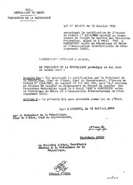 Loi N° 92-016 autorisant la ratification de l&#039;Accord de Crédit N° 2344/BEN relatif au financement du Projet de Gestion des Ressources Naturelles, signé le 9 Avril 1992 à WASHINGTON entre la République du Bénin et l&#039;Association Internationale de Développement (AID)