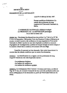 Loi N° 97-009 du 26 mai 1997 portant conditions d&#039;admission à la retraite des professeurs de...