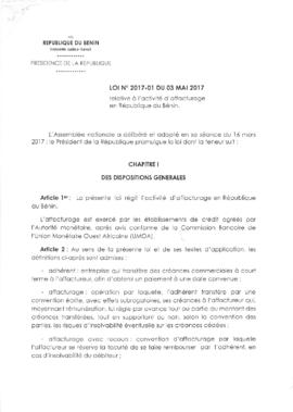 Loi N° 2017-01 du 03 mai 2017 relative à l&#039;activité d&#039;affacturage en République du Bénin.