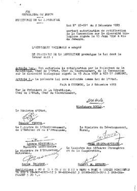 Loi N° 93-021 du 2 décembre 1993 portant autorisation de ratification de la Convention sur la diversité biologique signée le 13 juin 1992 à Rio de Janeiro.