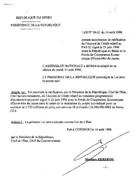 Loi  N° 96-21 portant autorisation de ratification de l&#039;Accord de Crédit relatif au PAS III signé le 25 juin 1996 entre la République du Bénin et le Fonds de Coopération Economique d&#039;Outre-Mer du Japon