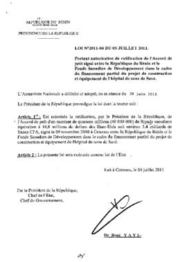 Loi N° 2011-04 portant autorisation de ratification de l&#039;Accord de prêt signé entre la Répub...