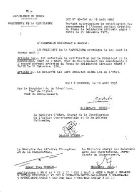 Loi N° 95-004 portant autorisation de ratification des amendements à l&#039;Accord portant Création du Fonds de Solidarité Africain signé 2 PARIS le 21 Décembre 1975