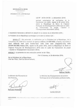 Loi N° 2016-34 portant autorisation de ratification de la Convention de crédit, signée le 08 juillet 2016, entre la République du Bénin et [&#039;Agence Française de Développement (AFD) dans le cadre du financement du projet  Soutien à l&#039;Enseignement Secondaire (SEnS)