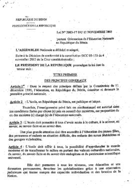 Loi N° 2003-17 du 11 novembre  2003 portant orientation de l&#039;Education  Nationale en Républi...