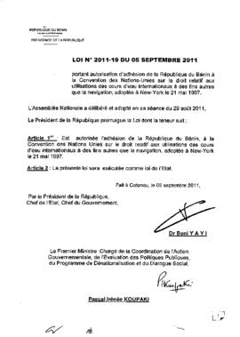 Loi N° 2011-019 portant autorisation d&#039;adhésion de la République du Bénin à la Convention de...