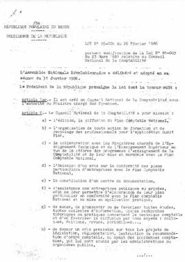 Loi N° 86-004 portant modification de la loi N° 81-003 du 23 mars 1981 relative au conseil national de la comptabilité