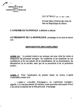 Loi N° 98-015 portant statut général des Gens de Mer en République du Bénin