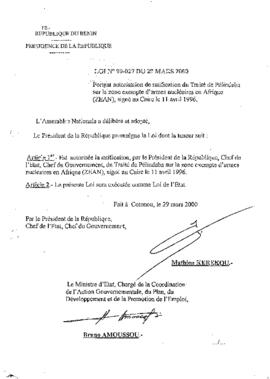 Loi N° 99-027 du 29 mars 2000 portant autorisant de ratification du traité de pelindara sur la zo...