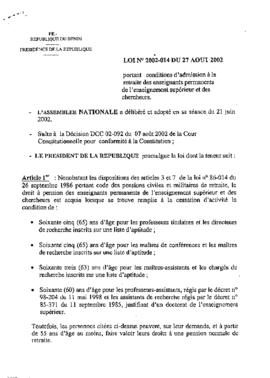 Loi N° 2002-014 portant conditions d&#039;admission à la retraite des enseignants permanents de l&#039;enseignement supérieur et des chercheurs