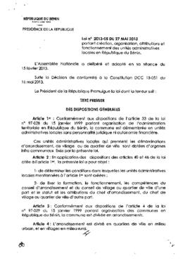Loi N° 2013-05 portant création, organisation, attributions et fonctionnement des unités administratives locales en République du Bénin.