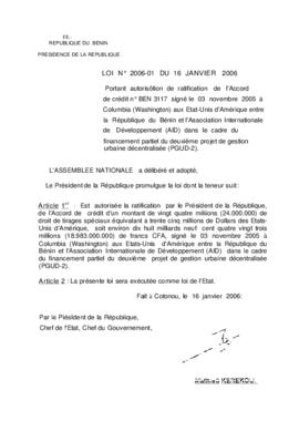 Loi N° 2006-001 portant autorisation de ratification de l&#039;Accord de crédit N° BEN 3117 signé...
