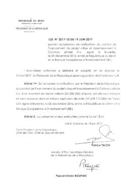 Loi  N° 2017-13 portant autorisation de ratification, du contrat de financement du projet  Eau et Assainissement à Cotonou phase lll », signé à Bruxelles, le 08 décembre 2016, entre la République du Bénin et la Banque Européenne d&#039;lnvestissement (BEl)