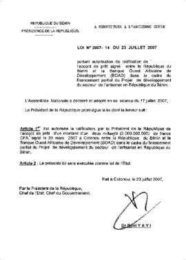 Loi N° 2007-14  du  23 juillet  2007 portant autorisation de ratification de l&#039;accord de prê...