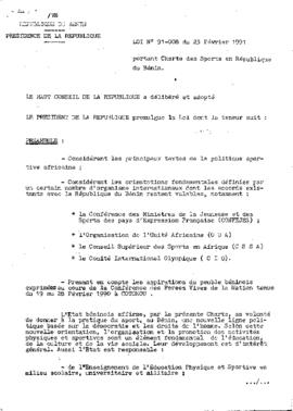 Loi N° 91-008 du 25 Février 1991 portant charte des sports en république du bénin.