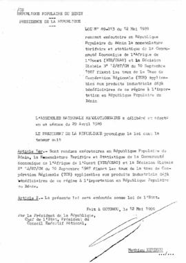 Loi N° 89-013 rendant exécutoire en République Populaire du Bénin la nomenclature tarifaire et st...