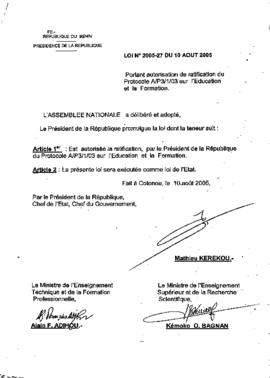 Loi N° 2005-27 du 10 aout 2005 portant autorisation de ratification du Protocole AlP3/1/03 sur l&...