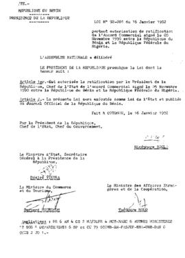 Loi N° 92-001 portant autorisation de ratification de l&#039;accord commercial signé le 05 novembre 1990 entre la république du bénin et la république fédérale du nigéria