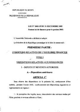 Loi N° 2002-25 portant loi de finances pour la gestion 2003.