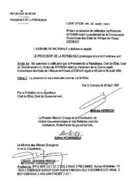 Loi N° 97-034 du 28 aout 1997 portant autorisation de ratification du Protocole AlP218/94 relatif...