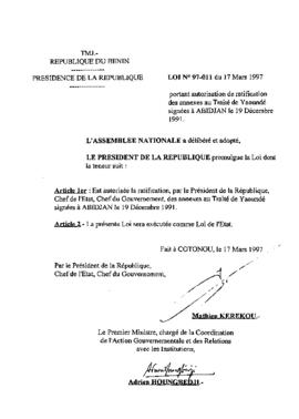 Loi N° 97-011 du 17 mars 1997 portant autorisation de ratification des annexes au traité de yaoundé signées à abidjan le 19 décembre 1991