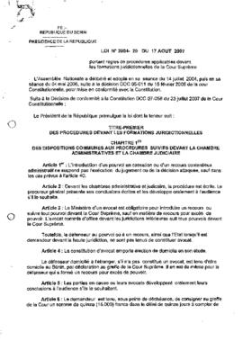 Loi N° 2004-20 du 17 août 2007 portant règles de procédures applicables devant les formations jur...