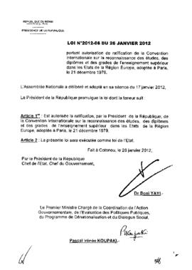 Loi N° 2012-06 du 26 janvier 2012 portant autorisation de ratification de la Convention Internati...
