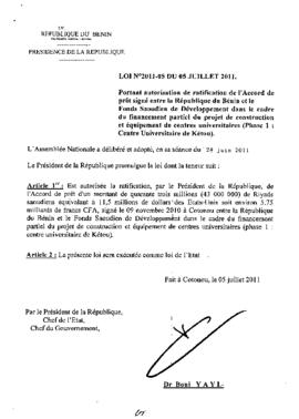 Loi N° 2011-005 portant autorisation de ratification de l&#039;Accord de prêt signé entre la Répu...