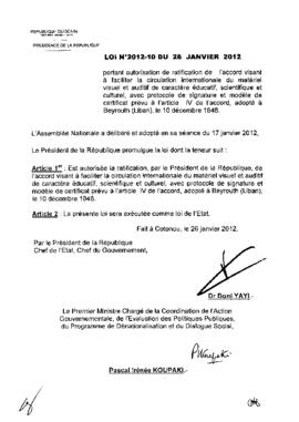 Loi N° 2012-10 du 26 janvier 2012 portant autorisation de ratification de l&#039;accord visant à ...