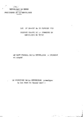 Loi N° 91-007 du 25 février 1991 portant charte de la jeunesse en  République du Bénin