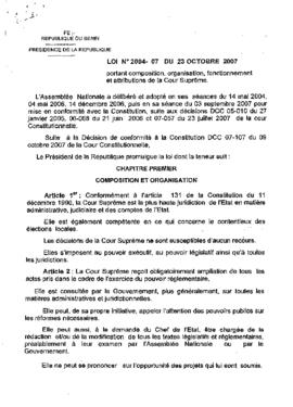 Loi N° 2004-07 du  23 octobre 2007 portant composition, organisation, fonctionnement et attributions de la Cour Suprême.