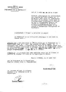Loi N° 91-003 bis du 23 aout 1991 portant autorisation de ratification des Accords de Prets signé...