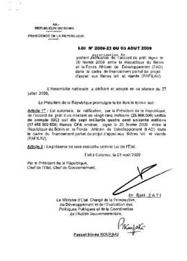 Loi N° 2009-23 portant autorisation de ratification de l&#039;accord de prêt signé le 20 février 2009 entre la République du Bénin et le Fonds Africain de Développement (FAD) dans le cadre du financement partiel du projet d&#039;appui aux filières lait et viande (PAFILAV)
