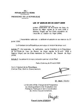Loi N° 2009-25 portant autorisation de ratification de la Charte de l&#039;eau du Bassin du Niger...