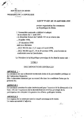 Loi N° 97-029 du 15  janvier 1999 portant organisation des communes en République du Bénin.