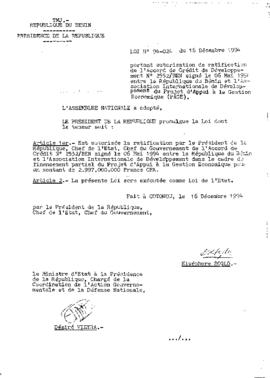 Loi N° 94-024 du 16 décembre 1994 portant autorisation de ratification de l&#039;Accord de Crédit de Développement N° 2552/BEN signé le 06 mai 1994 entre la République du Bénin et l&#039;Association Internationale de Développement du Projet d&#039;Appui à la Gestion Economique (PAGE)