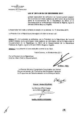 Loi N° 2011-038 portant autorisation de ratification de l&#039;accord portant création de la comm...