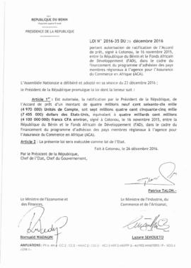Loi N° 2016-35 portant autorisation de ratification de l&#039;Accord de prêt, signé à Cotonou, le...
