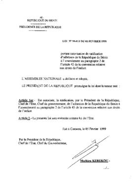 Loi N° 99-013 du 05 février 1999 portant autorisation de ratification d&#039;adhésion de la Répub...