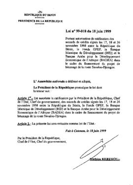 Loi N° 99-018 du 18 juin 1999 Portant autorisation de ratification des accords de crédits signés ...