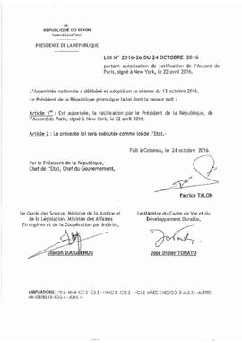 Loi N° 2016-26 portant autorisation de ratification de l&#039;Accord de Paris, signé à New York, le 22 avril 2016
